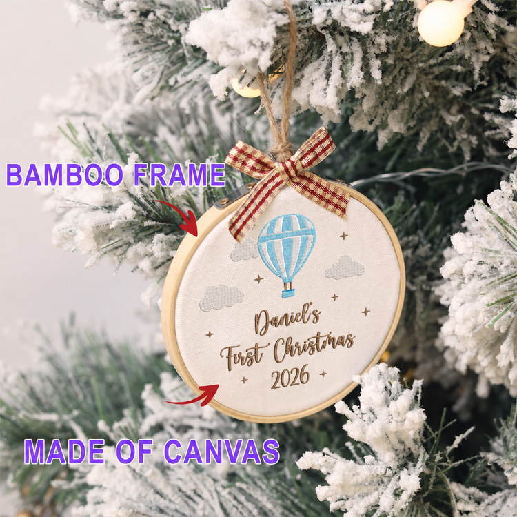 Personalized Embroidered Baby's First Christmas Ornament 2026 - Hot Air Balloon - Blue - Image 2