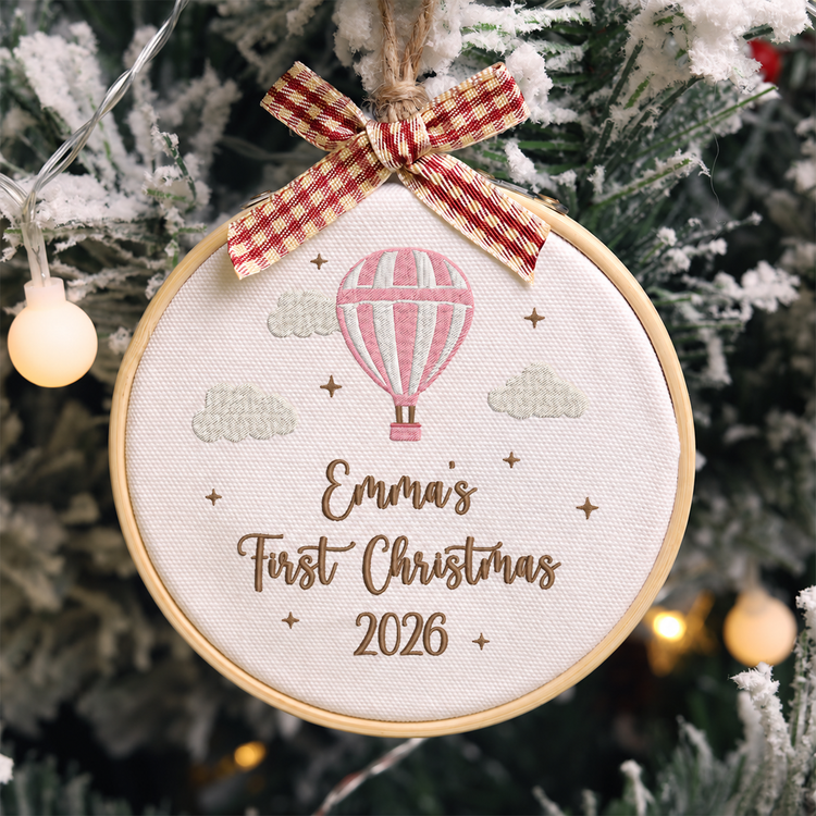 Personalized Embroidered Baby's First Christmas Ornament 2026 - Hot Air Balloon - Pink - Image 1