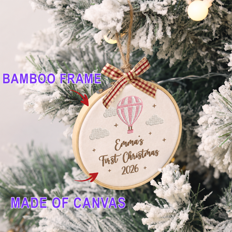 Personalized Embroidered Baby's First Christmas Ornament 2026 - Hot Air Balloon - Pink - Image 2