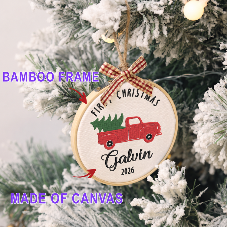 Personalized Embroidered Baby's First Christmas Ornament 2026 - Red Truck and Christmas Tree - Image 2