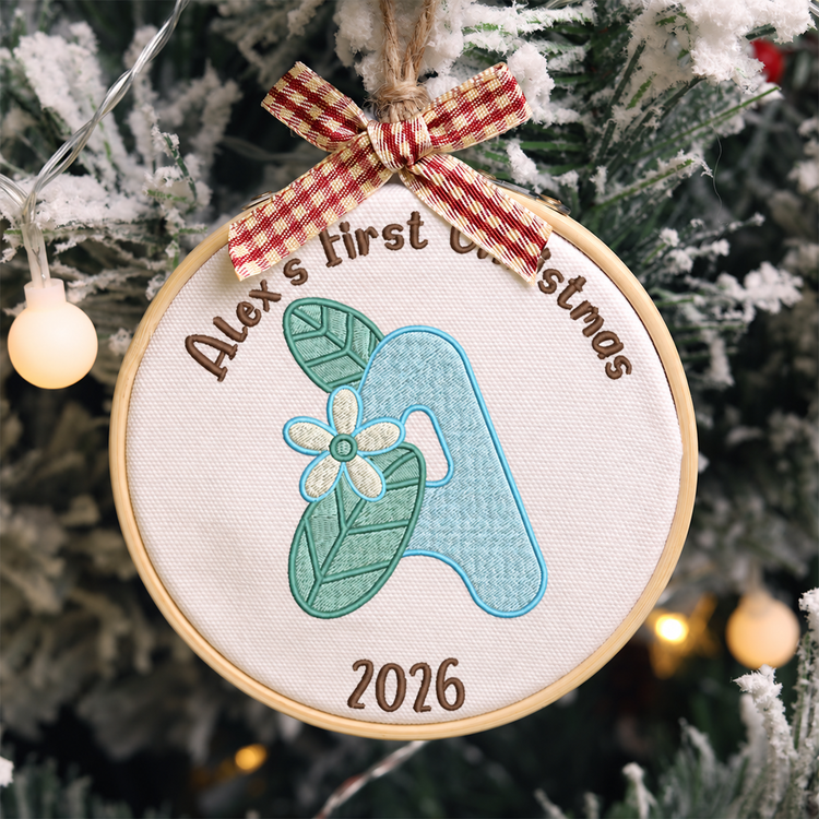 Personalized Embroidered Baby's First Christmas Ornament 2026 - Floral Initial - Image 1