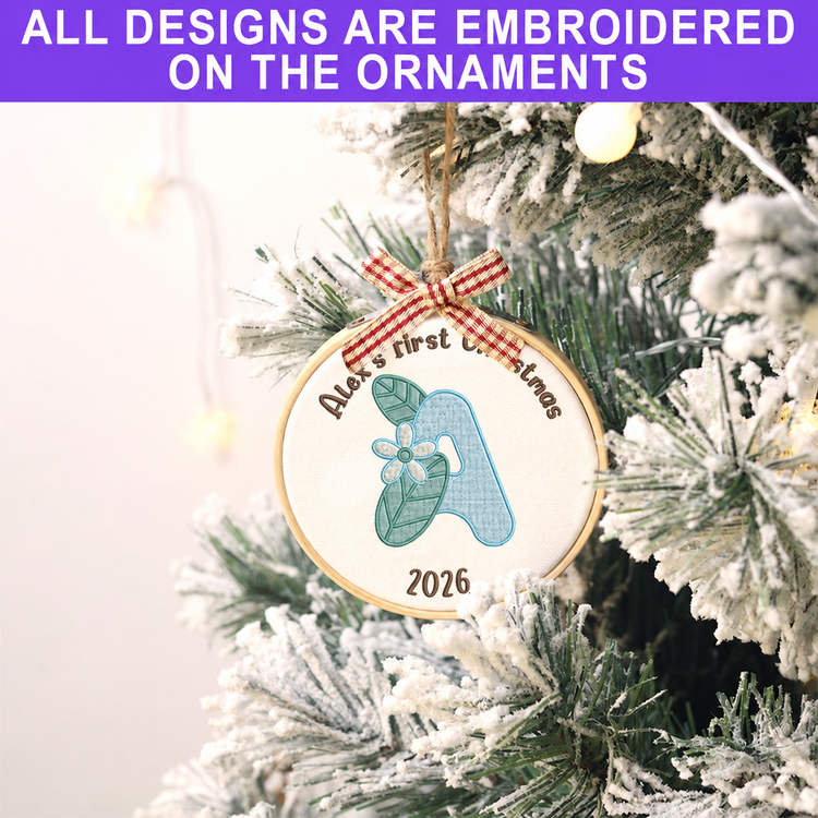 Personalized Embroidered Baby's First Christmas Ornament 2026 - Floral Initial - Image 2