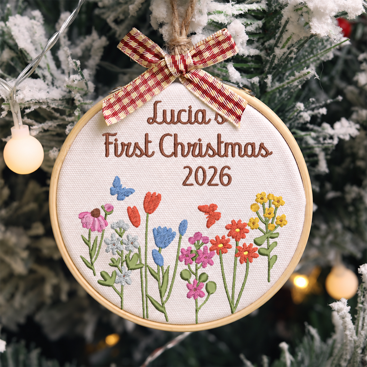 Personalized Embroidered Baby's First Christmas Ornament 2026 - Wildflowers and Butterflies - Image 1