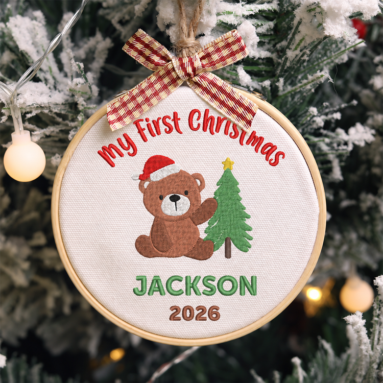 Personalized Embroidered Baby's First Christmas Ornament 2026 - Santa Teddy Bear and Christmas Tree - Image 1