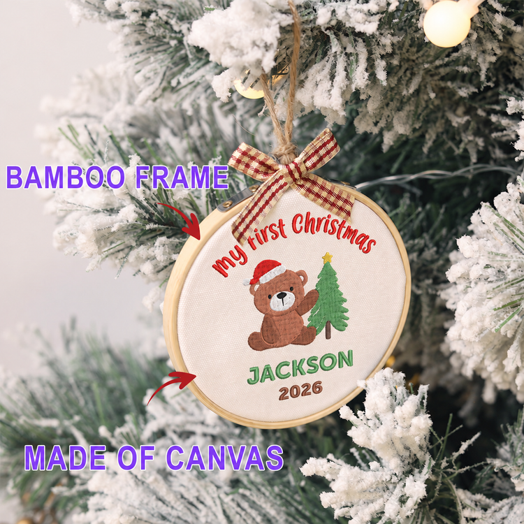 Personalized Embroidered Baby's First Christmas Ornament 2026 - Santa Teddy Bear and Christmas Tree - Image 2