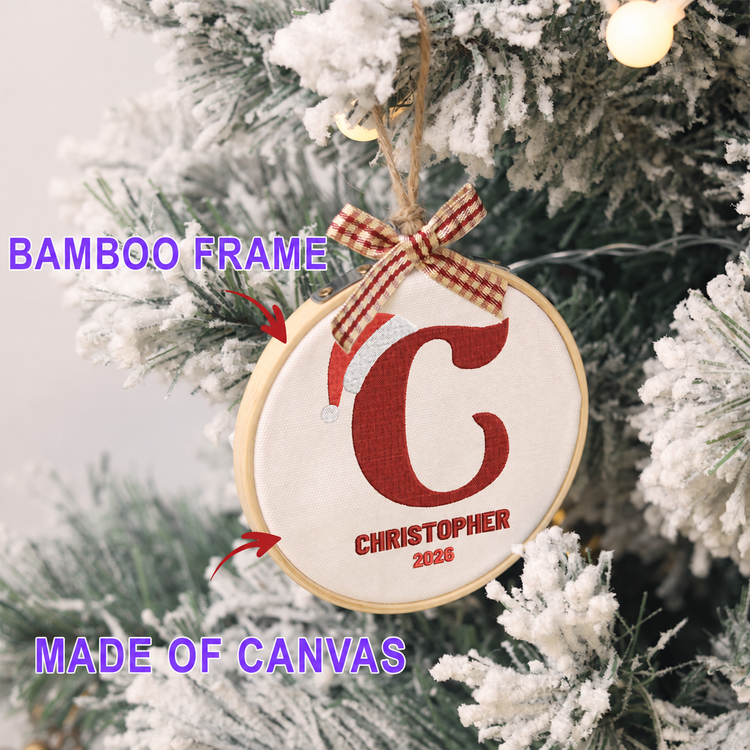 Personalized Embroidered Baby's First Christmas Ornament 2026 - Classic Santa Hat Initial - Image 2