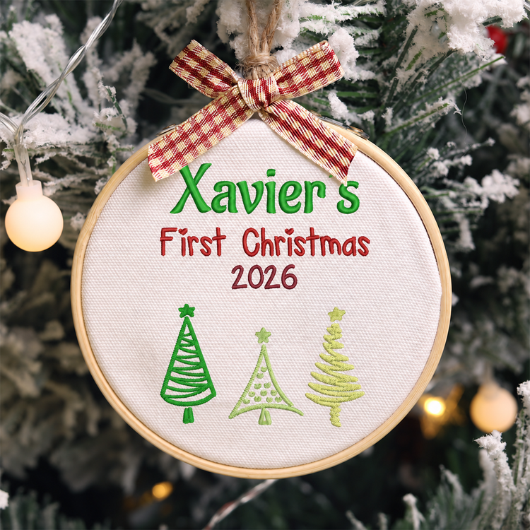 Personalized Embroidered Baby's First Christmas Ornament 2026 - Modern Christmas Trees - Image 1
