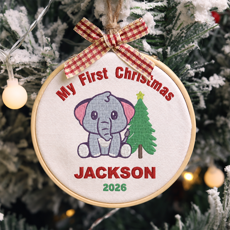 Personalized Embroidered Baby's First Christmas Ornament 2026 - Baby Elephant and Christmas Tree - Image 1