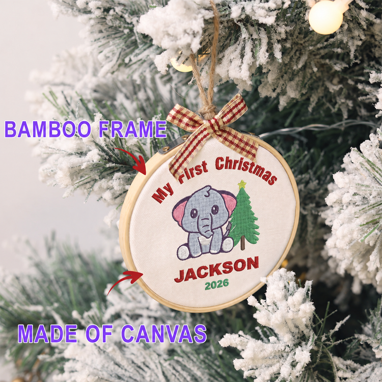 Personalized Embroidered Baby's First Christmas Ornament 2026 - Baby Elephant and Christmas Tree - Image 2