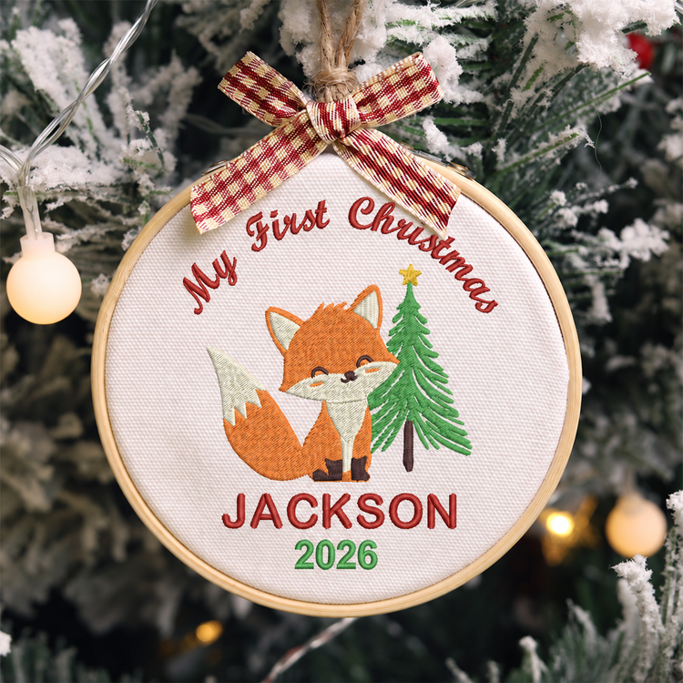 Personalized Embroidered Baby's First Christmas Ornament 2026 - Fox and Christmas Tree - Image 1