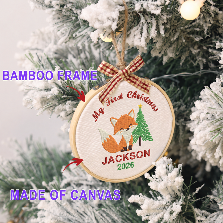Personalized Embroidered Baby's First Christmas Ornament 2026 - Fox and Christmas Tree - Image 2