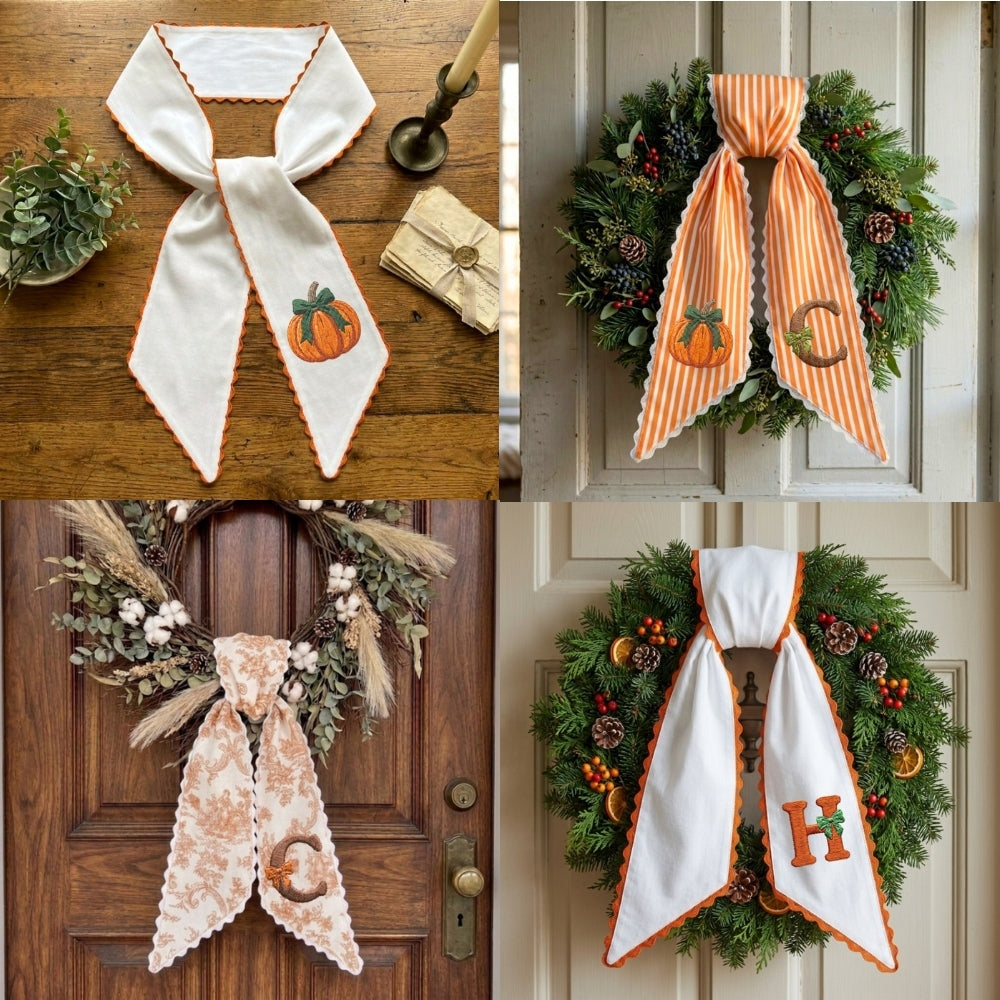 Fall Wreath Sash Bow Embroidered Initials, Personalized Monogram Wreath Sashes 54x5 in, Autumn Wreath Ribbon for Front Door, Garland Accessories, Farmhouse Door Wreath Decor, Pumpkins Monogram Sash