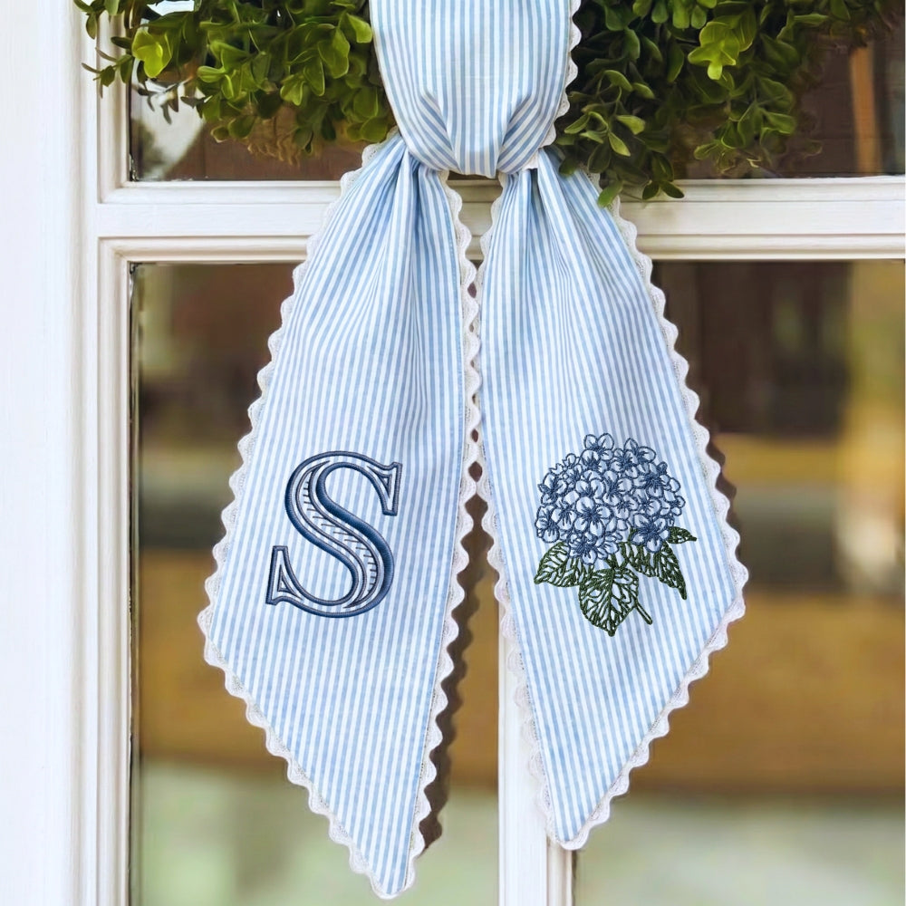 Monogram Wreath Sash Bow for Front Door, Personalized Initial Name, Blue Hydrangea Monogramed Embroidered Ribbon with Adjustable Bow Knot Farmhouse Door Wreath Decor, Gift for Family Friends