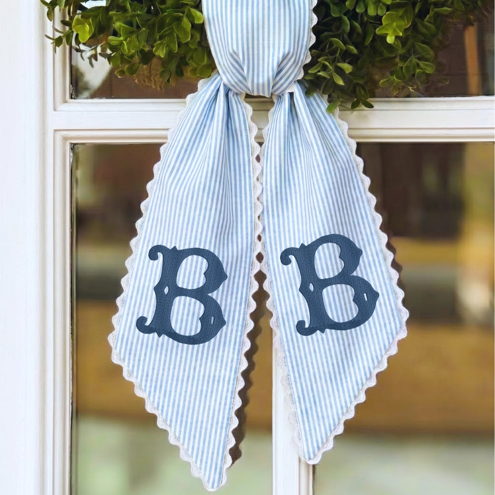 Monogram Wreath Sash Bow for Front Door, Personalized Initial Name Wreath Sash, Summer Wreath Sash, Monogramed Embroidery Ribbon with Adjustable Bow Knot Farmhouse Door Wreath Decor, Gift for Family Friends