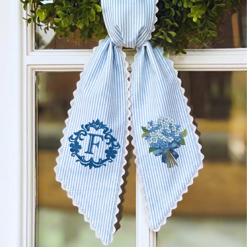 Blue Hydrangea Wreath Sash for Front Door, Personalized Initial Name Wreath Sash, Monogramed Embroidered Ribbon with Adjustable Bow Knot Farmhouse Door Wreath Decor, Gift for Family Friends