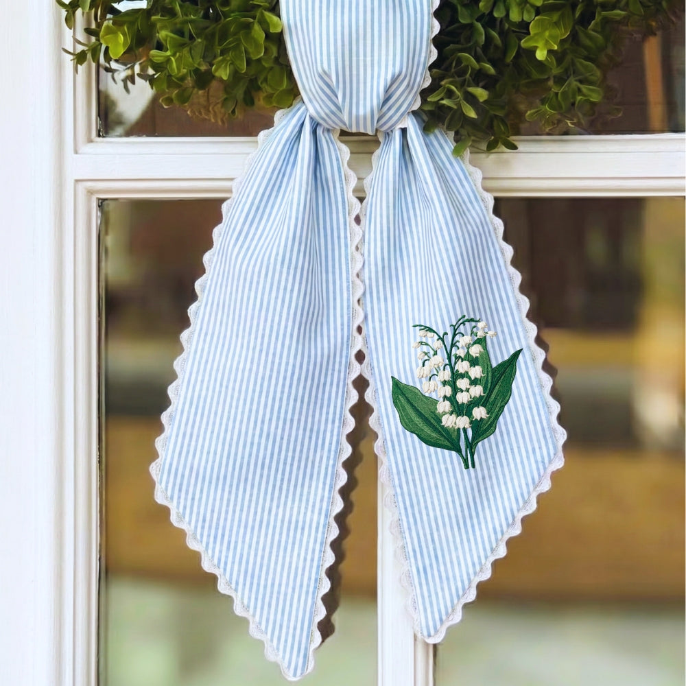 Lily Of The Valley Wreath Sash for Front Door, Embroidered Flowers Wreath Sash 54x5 Inch, Personalized Initial Monogram Sash Front Door Decor, Bow Wreath Sashes
