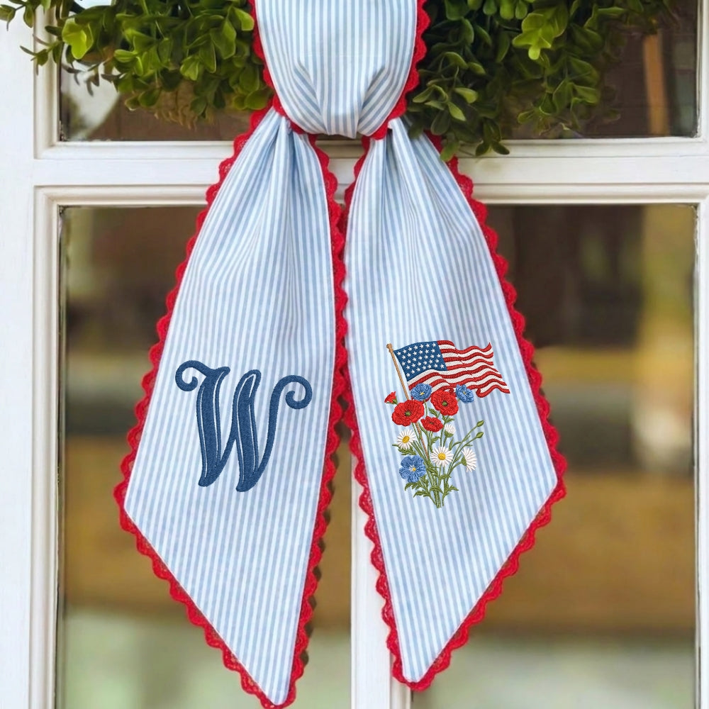 US Flag WithFlowers Patriotic Wreath Sash 54x5 Inch, Wreath Sash for Front Door, Personalized Embroidered Monogram Sash, Independence Day Front Door Decor, America Flag with Bow Wreath Sashes