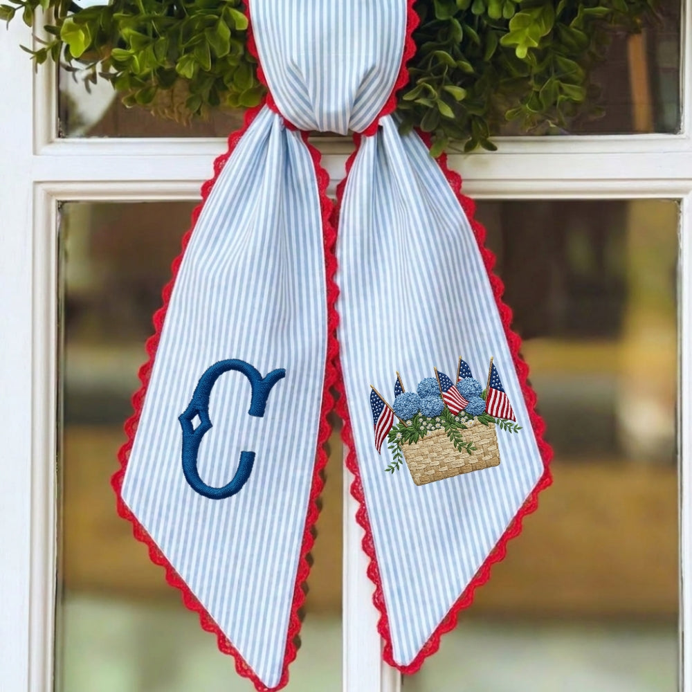 US Flag With Hydrangea Patriotic Wreath Sash 54x5 Inch, Wreath Sash for Front Door, Personalized Embroidered Monogram Sash, Independence Day Front Door Decor, America Flag with Bow Wreath Sashes