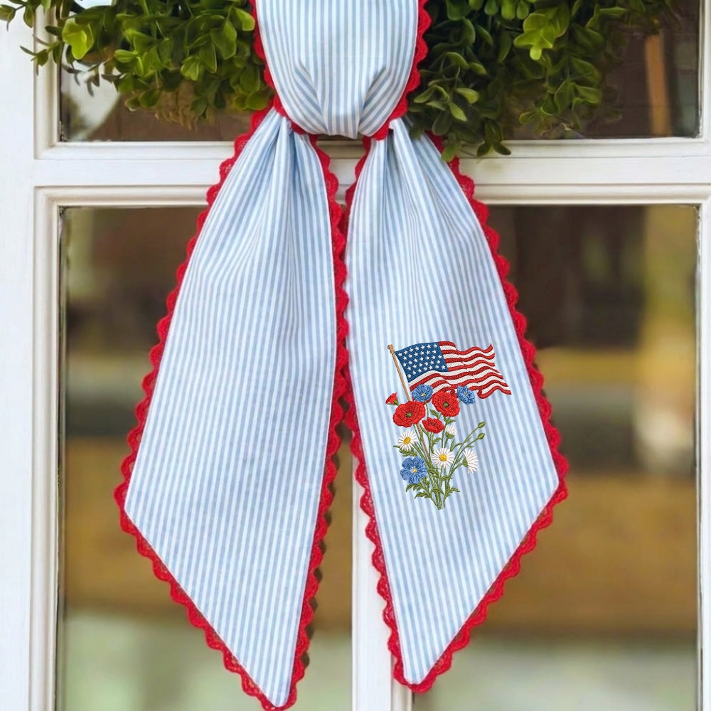 US Flag With Flowers Wreath Sash for Front Door, Patriotic Wreath Sash 54x5 Inch, Personalized Embroidered Monogram Sash, Independence Day Front Door Decor, America Flag with Bow Wreath Sashes