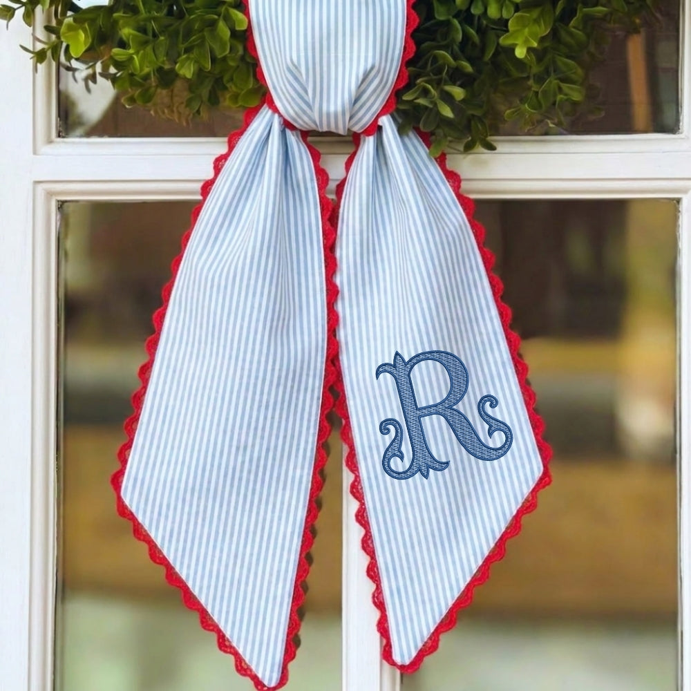 Monogram Wreath Sash Bow for Front Door, Personalized Initial Name Wreath Sash, Summer Wreath Sash, Monogramed Embroidery Ribbon with Adjustable Bow Knot Farmhouse Door Wreath Decor, Housewarming Gift for Family Friends