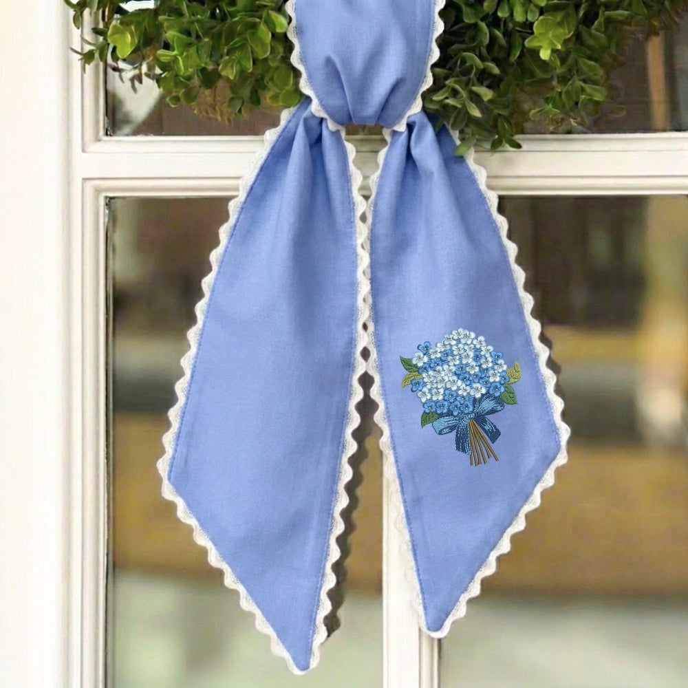Blue Hydrangea Wreath Sash for Front Door, Personalized Initial Name Wreath Sash, Monogramed Embroidered Ribbon with Adjustable Bow Knot Farmhouse Door Wreath Decor, Gift for Family Friends