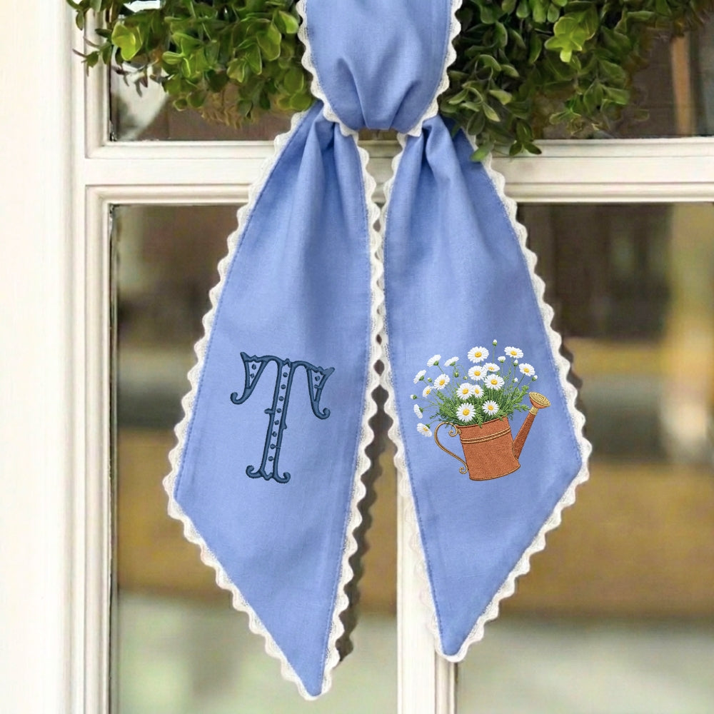 Daisy Wreath Sash for Front Door, Embroidered Flowers Wreath Sash 54x5 Inch, Personalized Initial Monogram Sash Front Door Decor, Bow Ribbon Wreath Sashes