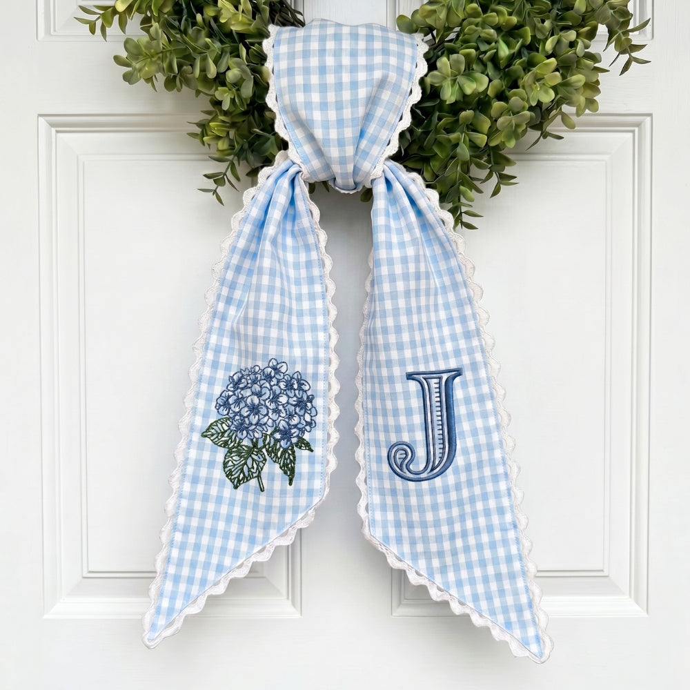 Monogram Wreath Sash Bow for Front Door, Personalized Initial Name, Blue Hydrangea Monogramed Embroidered Ribbon with Adjustable Bow Knot Farmhouse Door Wreath Decor, Gift for Family Friends