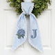 Monogram Wreath Sash Bow for Front Door, Personalized Initial Name, Blue Hydrangea Monogramed Embroidered Ribbon with Adjustable Bow Knot Farmhouse Door Wreath Decor, Gift for Family Friends