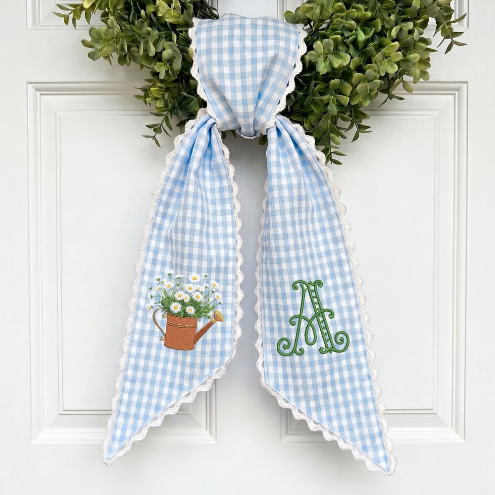 Daisy Wreath Sash for Front Door, Embroidered Flowers Wreath Sash 54x5 Inch, Personalized Initial Monogram Sash Front Door Decor, Bow Ribbon Wreath Sashes