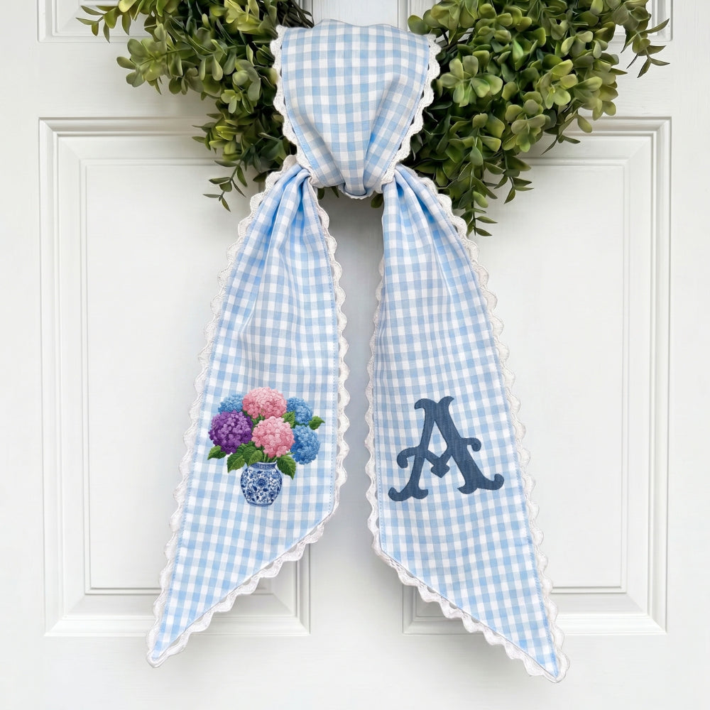 Hydrangea Monogram Wreath Sash Bow for Front Door, Flowers Vase Personalized Initial Name, Monogramed Embroidered Ribbon with Adjustable Bow Knot Farmhouse Door Wreath Decor, Gift for Family Friends