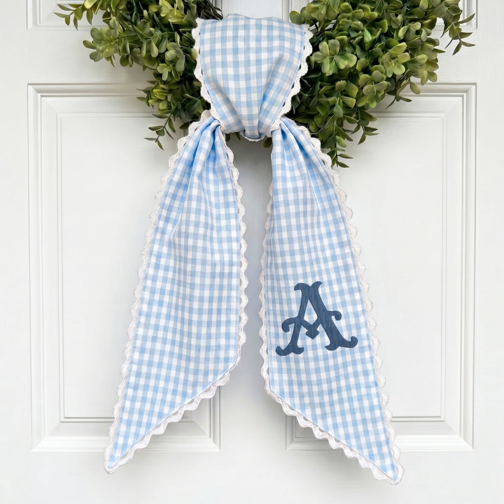 Monogram Wreath Sash Bow for Front Door, Personalized Initial Name Wreath Sash, Summer Wreath Sash, Monogramed Embroidery Ribbon with Adjustable Bow Knot Farmhouse Door Wreath Decor, Gift for Family Friends