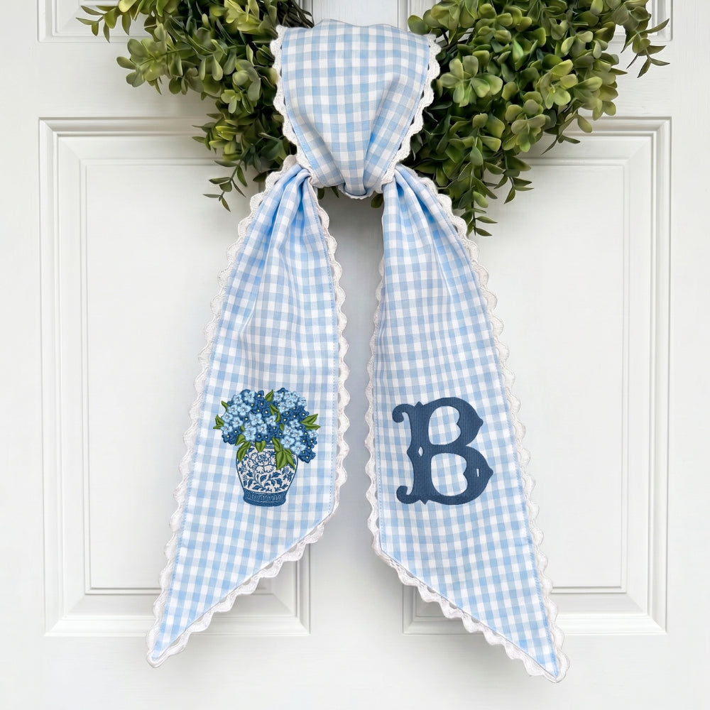 Blue Hydrangea Monogram Wreath Sash Bow for Front Door, Personalized Initial Name, Monogramed Embroidered Ribbon with Adjustable Bow Knot Farmhouse Door Wreath Decor, Gift for Family Friends