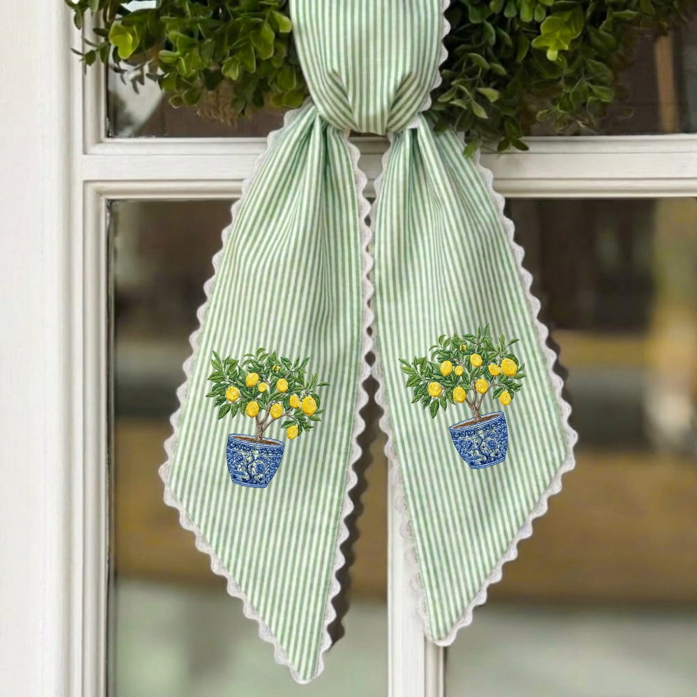Summer Wreath Sash for Front Door with Lemon, Personalized Initial Name Wreath Sash, Monogramed Embroidered Ribbon with Adjustable Bow Knot Farmhouse Door Wreath Decor, Gift for Family Friends
