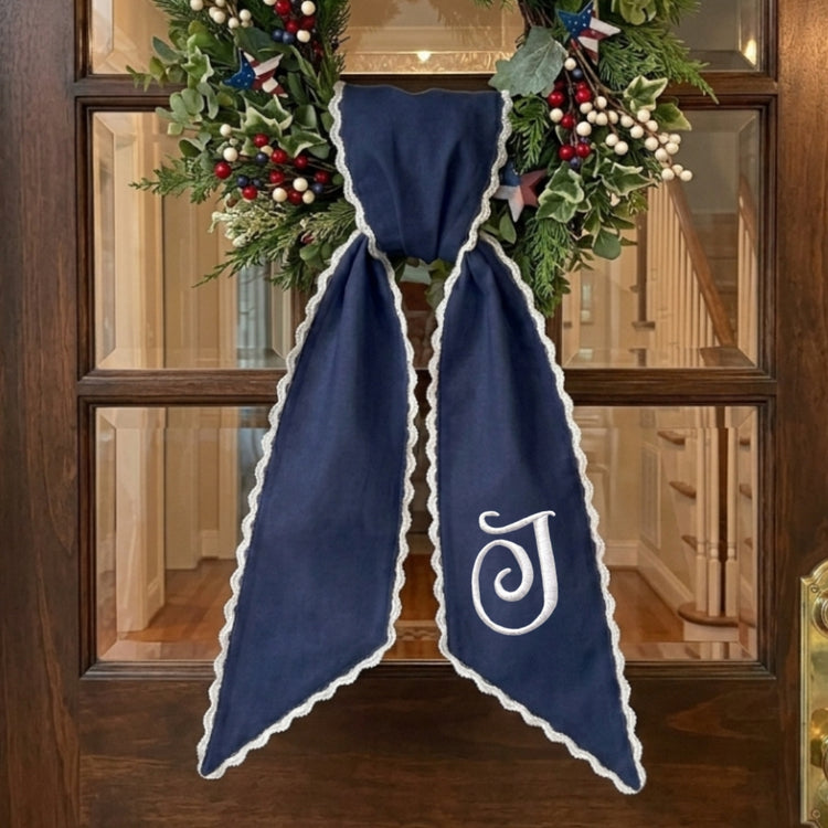 Initial Wreath Sash Bow for Front Door, Personalized Initial Name Wreath Sash, Monogramed Embroidered Ribbon with Adjustable Bow Knot Farmhouse Door Wreath Decor, Gift for Family Friends