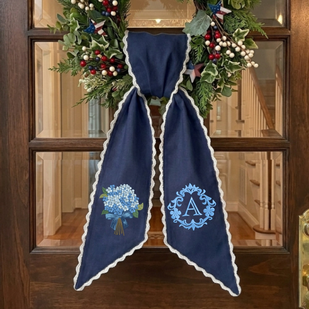 Blue Hydrangea Wreath Sash for Front Door, Personalized Initial Name Wreath Sash, Monogramed Embroidered Ribbon with Adjustable Bow Knot Farmhouse Door Wreath Decor, Gift for Family Friends