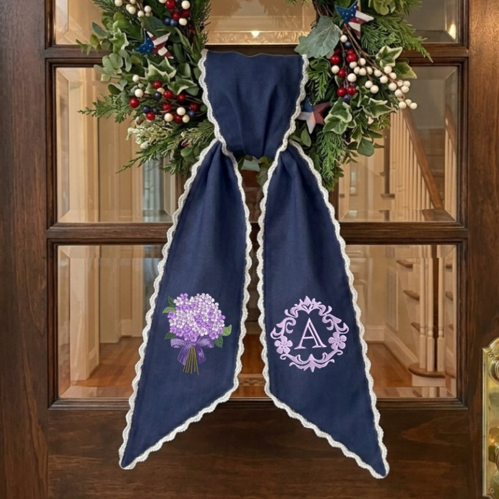 Purple Hydrangea Wreath Sash for Front Door, Personalized Initial Name Wreath Sash, Monogramed Embroidered Ribbon with Adjustable Bow Knot Farmhouse Door Wreath Decor, Gift for Family Friends (Copy)