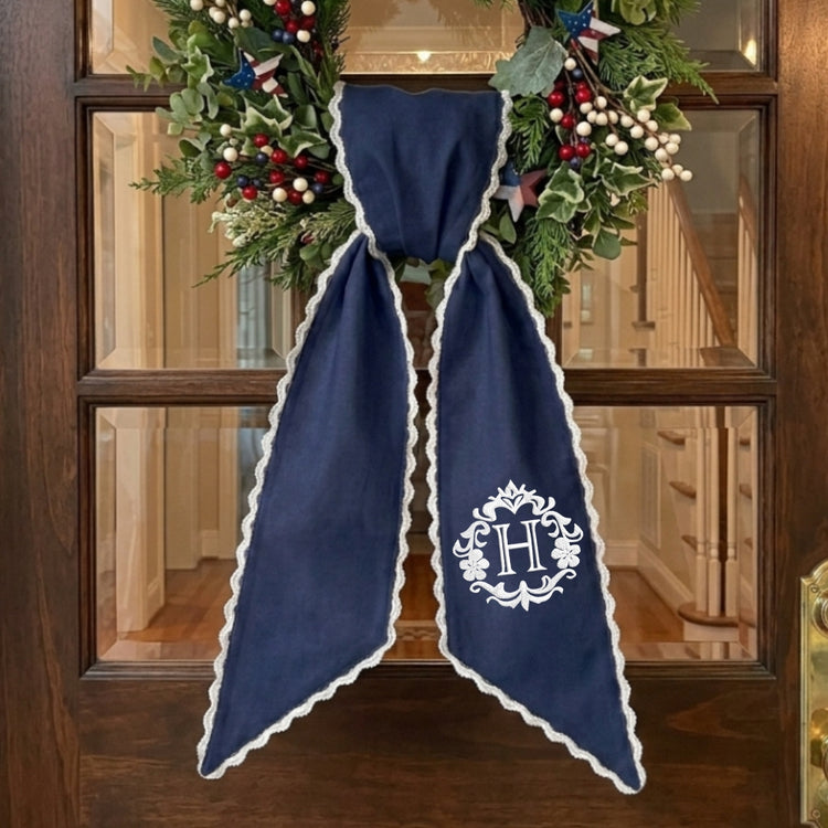 Initial Wreath Sash Bow for Front Door, Personalized Initial Name Wreath Sash, Monogramed Embroidered Ribbon with Adjustable Bow Knot Farmhouse Door Wreath Decor, Gift for Friends Family