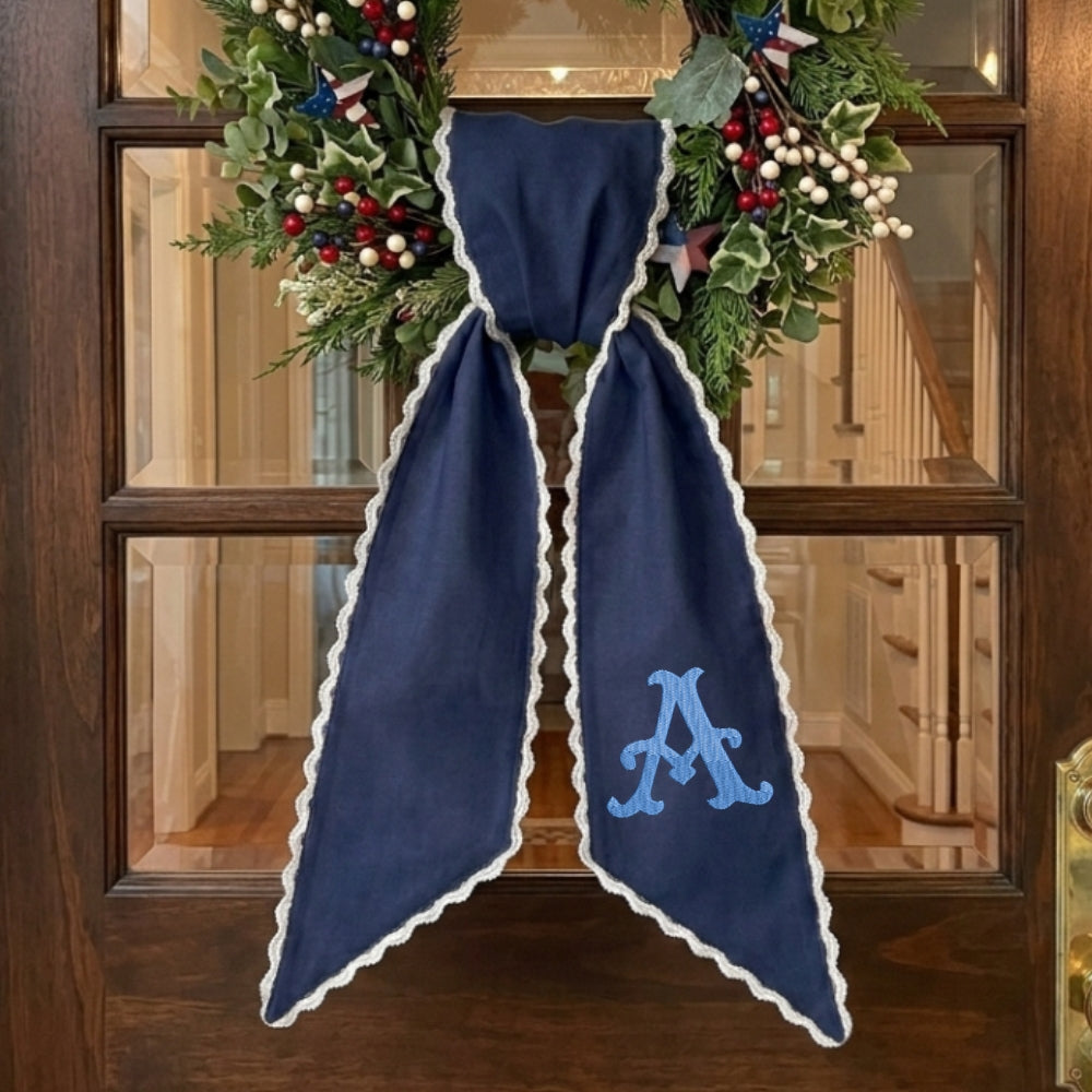 Monogram Wreath Sash Bow for Front Door, Personalized Initial Name Wreath Sash, Monogramed Embroidered Ribbon with Adjustable Bow Knot Farmhouse Door Wreath Decor, Gift for Family Friends