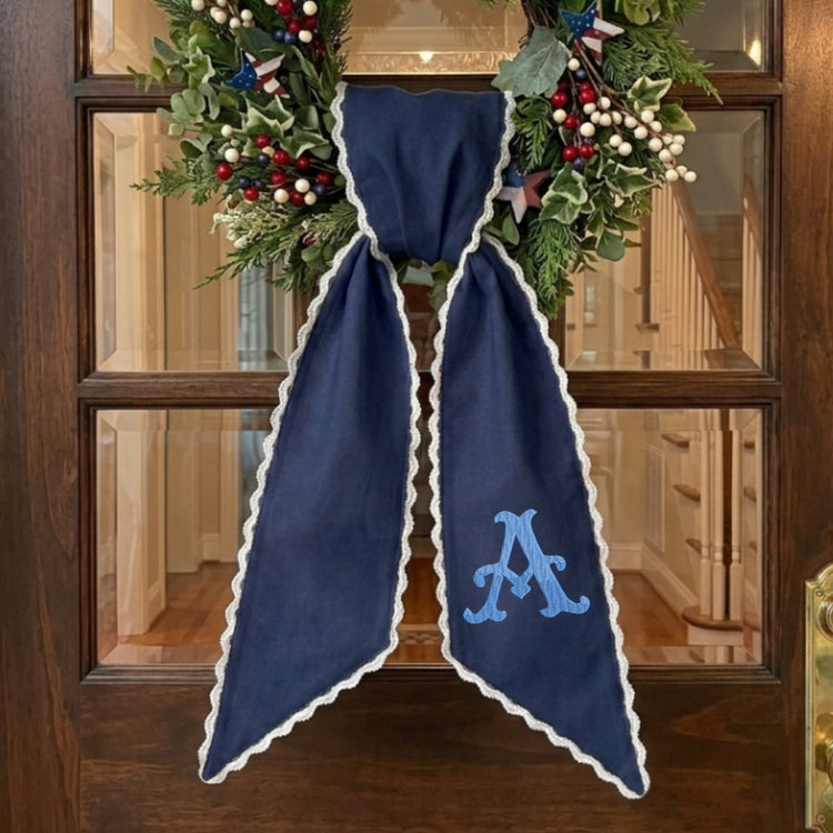 Monogram Wreath Sash Bow for Front Door, Personalized Initial Name Wreath Sash, Monogramed Embroidered Ribbon with Adjustable Bow Knot Farmhouse Door Wreath Decor, Gift for Family Friends