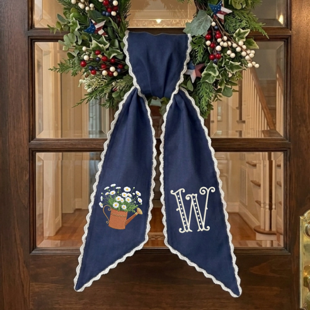 Daisy Wreath Sash for Front Door, Embroidered Flowers Wreath Sash 54x5 Inch, Personalized Initial Monogram Sash Front Door Decor, Bow Ribbon Wreath Sashes
