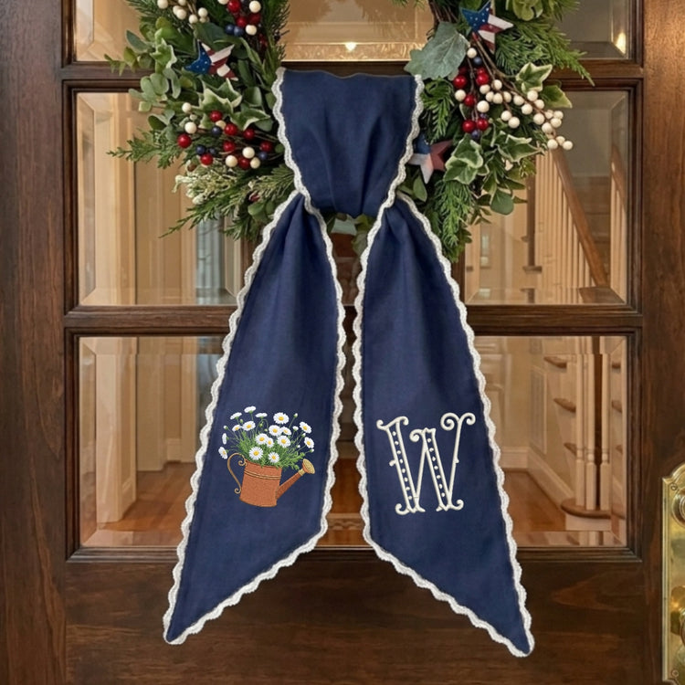 Daisy Wreath Sash for Front Door, Embroidered Flowers Wreath Sash 54x5 Inch, Personalized Initial Monogram Sash Front Door Decor, Bow Ribbon Wreath Sashes