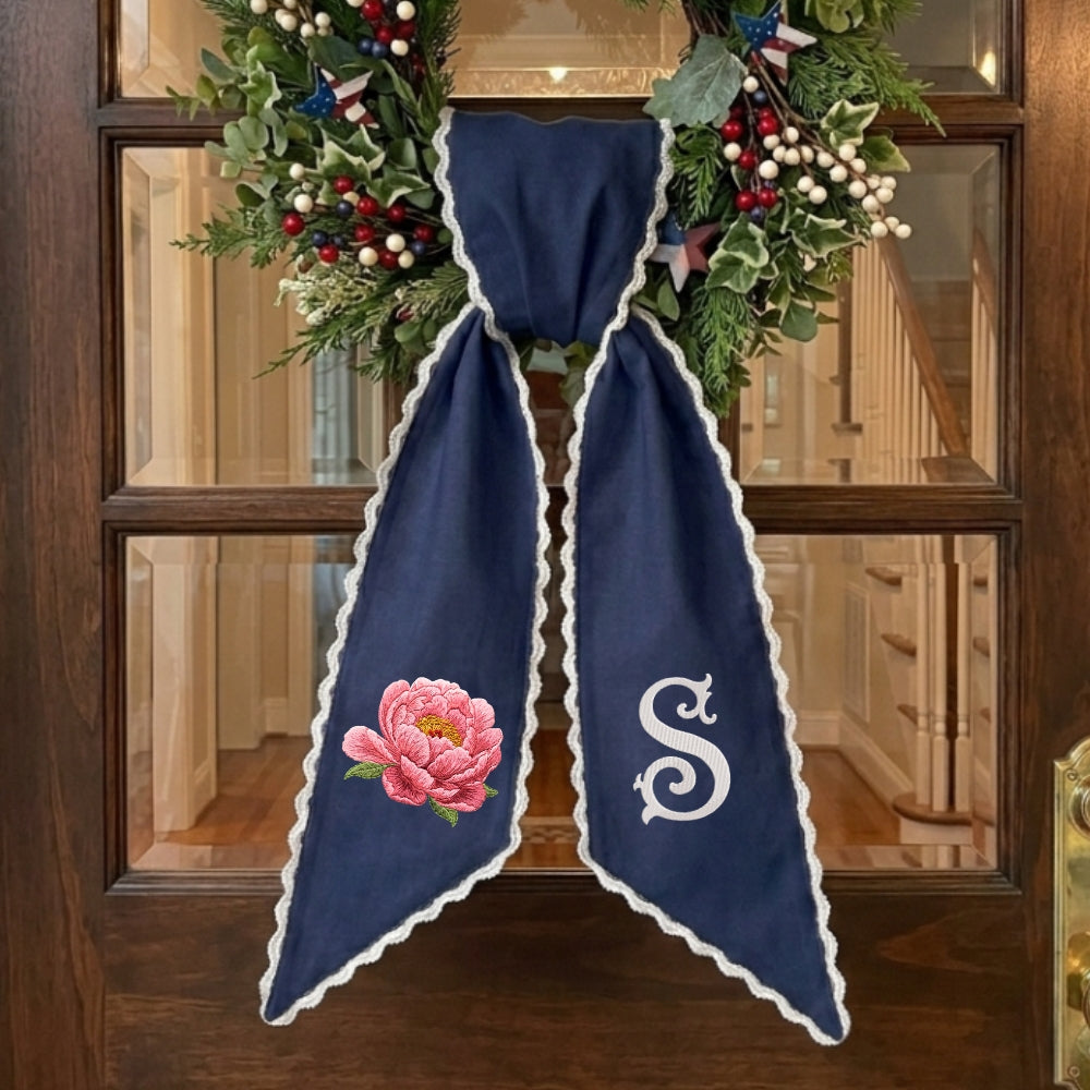 Peony Wreath Sash for Front Door, Flowers Wreath Sash 54x5 Inch, Personalized Initial Monogram Sash, Peony Front Door Decor, Embroidered Bow Wreath Sashes