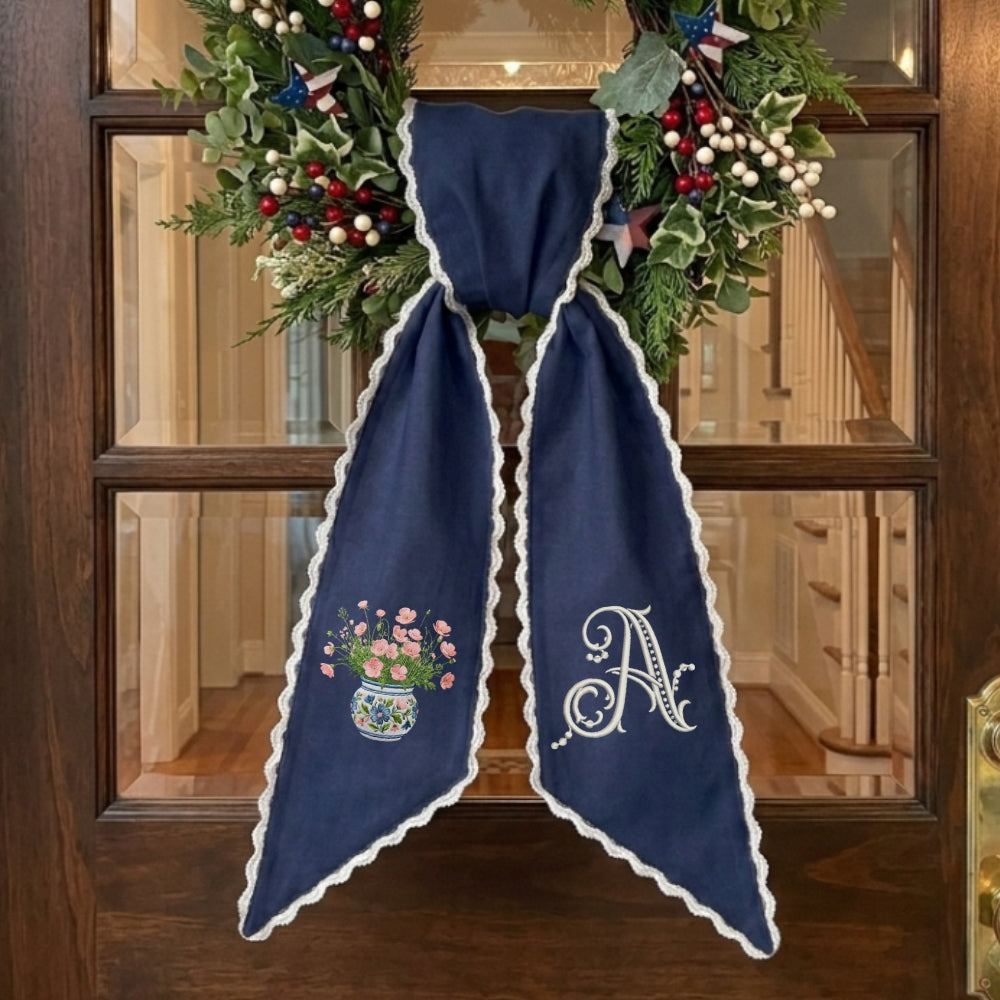 Pink Flowers Wreath Sash for Front Door, Embroidered Flower Wreath Sash 54x5 Inch, Personalized Initial Monogram Sash Front Door Decor, Bow Wreath Sashes for Family Friends