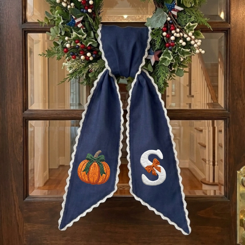 Fall Wreath Sash Bow Embroidered Initials, Personalized Monogram Wreath Sashes 54x5 in, Autumn Wreath Ribbon for Front Door, Garland Accessories, Farmhouse Door Wreath Decor, Pumpkins Monogram Sash