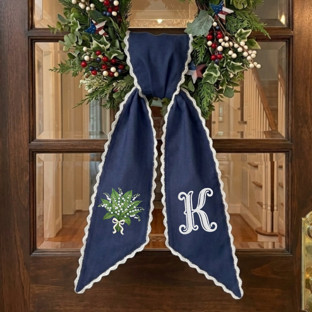 Lily Of The Valley Wreath Sash for Front Door, Embroidered Flowers Wreath Sash 54x5 Inch, Personalized Initial Monogram Sash Front Door Decor, Lily Of The Valley Bouquet Wreath Sashes