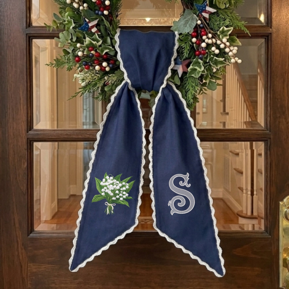 Lily Of The Valley Wreath Sash for Front Door, Embroidered Flowers Wreath Sash 54x5 Inch, Personalized Initial Monogram Sash Front Door Decor, Bow Wreath Sashes for Family Friends