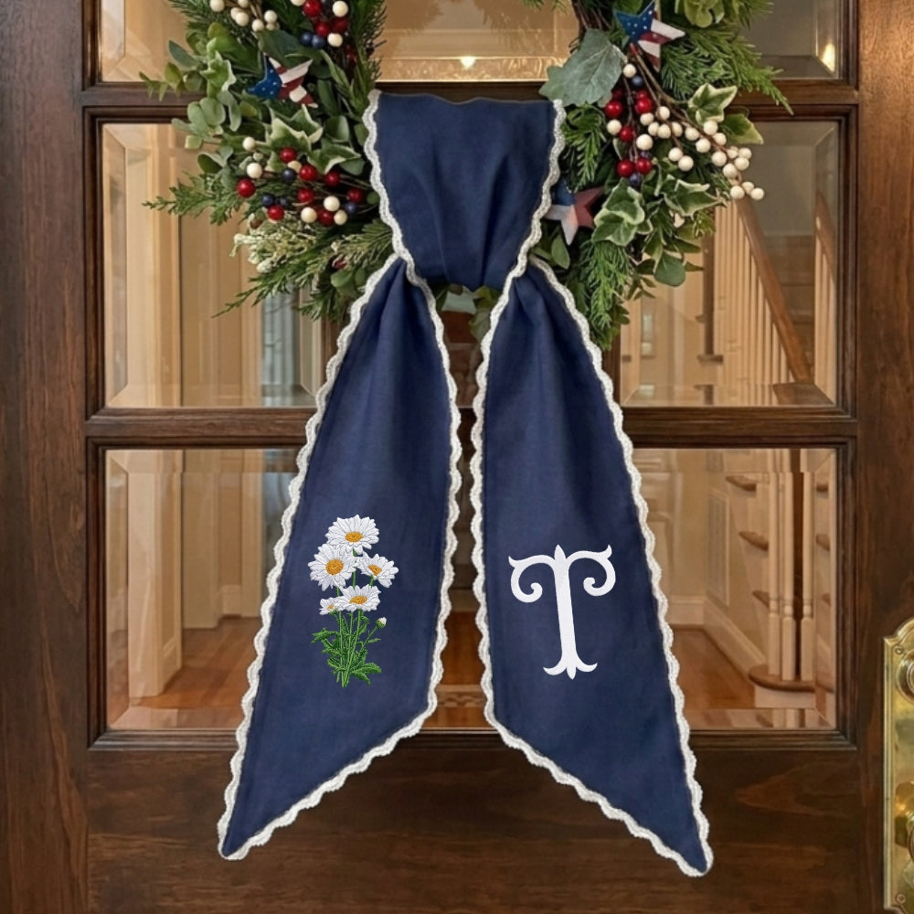 Daisy Wreath Sash for Front Door, Embroidered Flowers Wreath Sash 54x5 Inch, Personalized Initial Monogram Sash Front Door Decor, Bow Ribbon Wreath Sashes for Family Friends