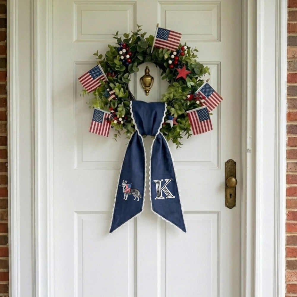 Beagle with US Flag Wreath Sash for Front Door, Personalized Initial Name Wreath Sash, Patriotic Wreath Sash, Monogramed Embroidered Ribbon with Adjustable Bow Knot Farmhouse Door Wreath Decor, 4th July Gift for Family Friends