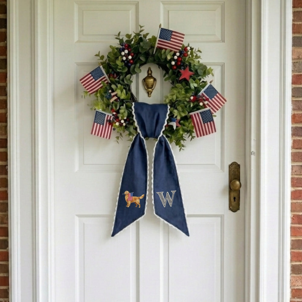 Golden Retriever with US Flag Wreath Sash for Front Door, Personalized Initial Name Wreath Sash, Patriotic Wreath Sash, Monogramed Embroidered Ribbon with Adjustable Bow Knot Farmhouse Door Wreath Decor, 4th July Gift for Family Friends
