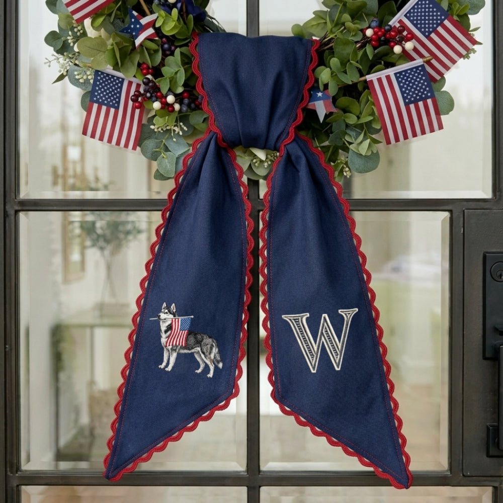 Husky with US Flag Wreath Sash for Front Door, Personalized Initial Name Wreath Sash, Patriotic Wreath Sash, Monogramed Embroidered Ribbon with Adjustable Bow Knot Farmhouse Door Wreath Decor, 4th July Gift for Family Friends